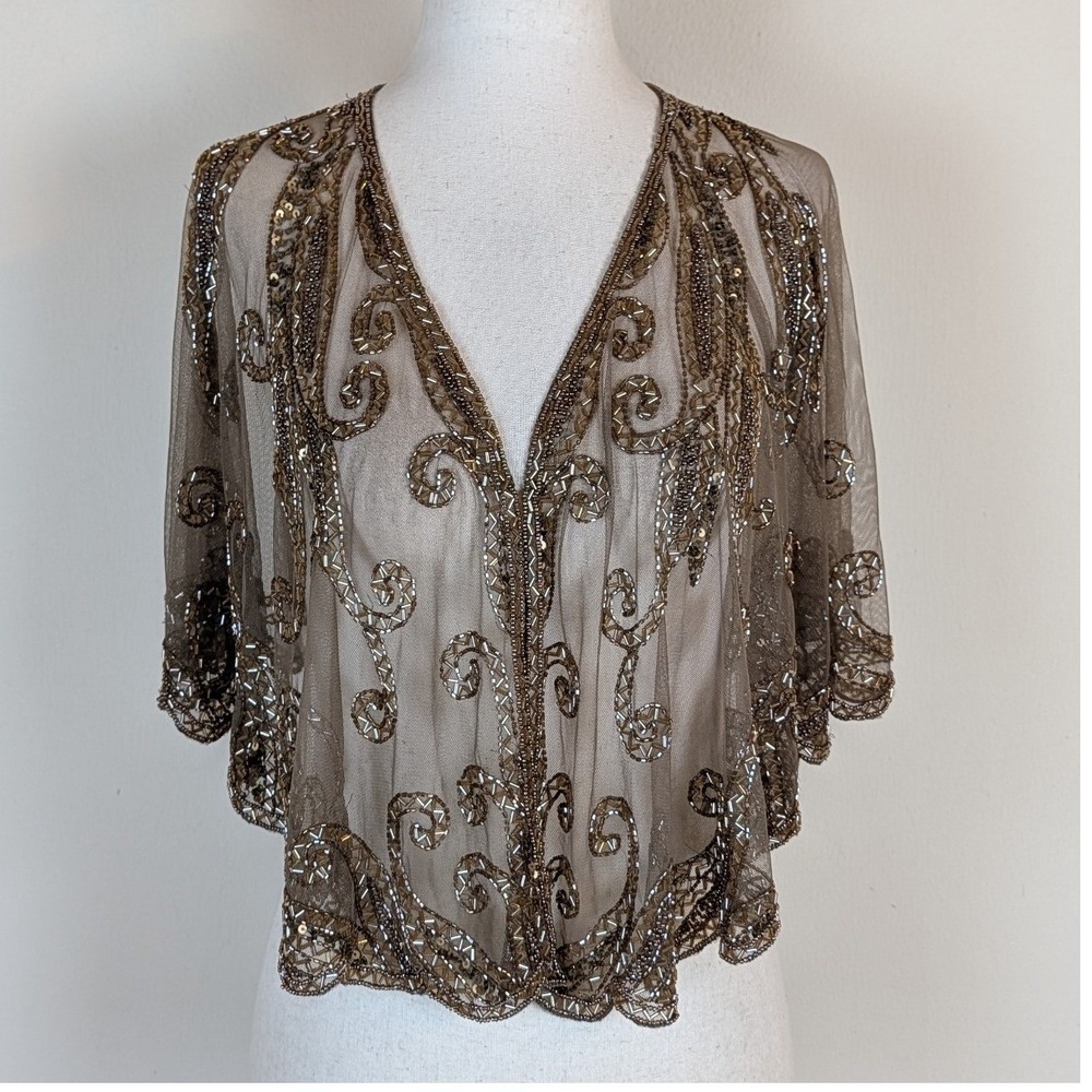 Brown Beaded Capelet One Size Mesh Sequin Formal Evening Shrug Glamour Open